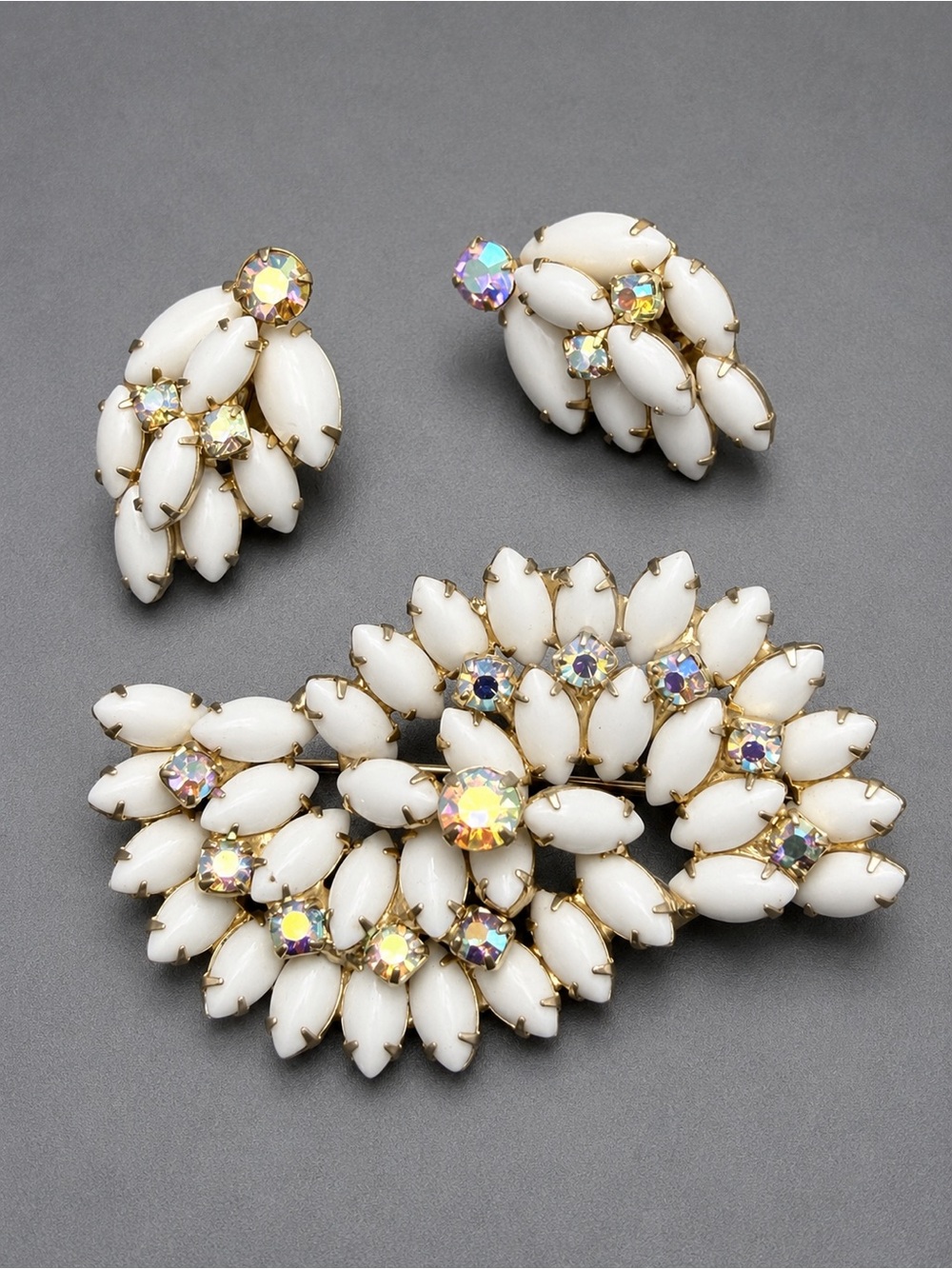 Vintage Navette Milk Glass Brooch and Clip-On Earring Set